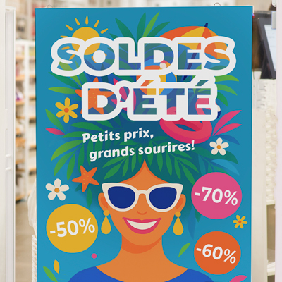 Affiche promotionnelle illustrée pour les soldes d'été