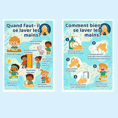 Affiches pédagogiques illustrées sur le lavage des mains pour enfants