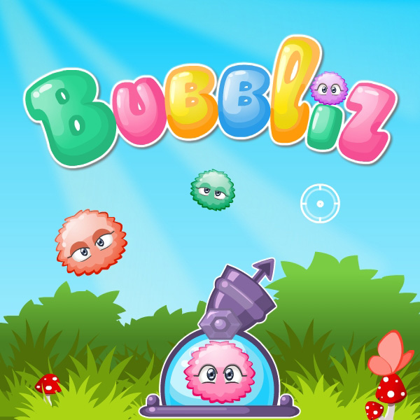 Bubbliz game art featuring the logo, colorful characters and game interface