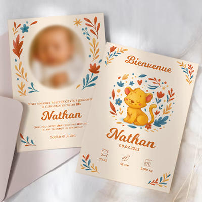Faire-part de naissance illustré avec lion et motifs végétaux