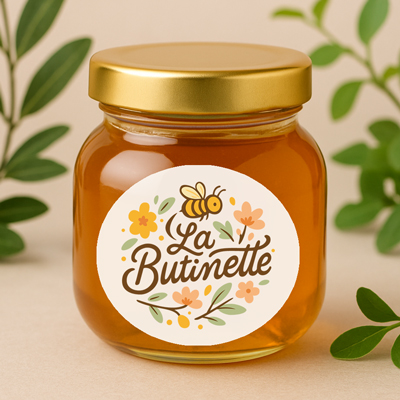 Identité visuelle La Butinette – logo illustré sur pot de miel
