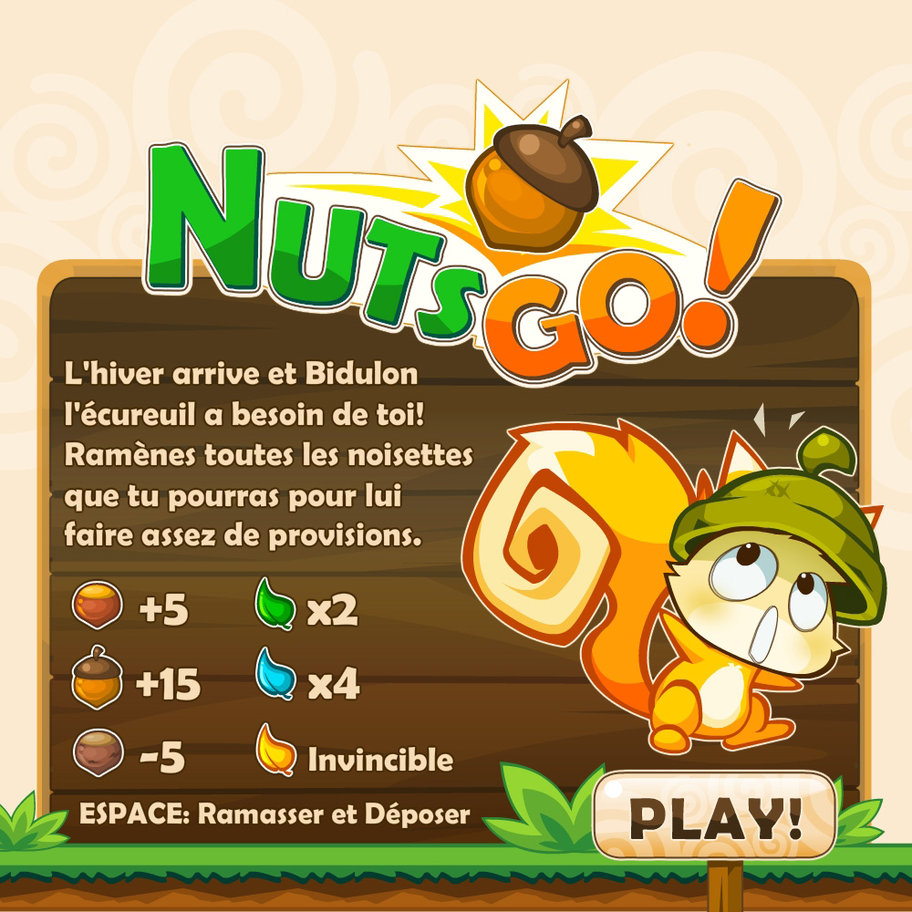 Nuts Go! game art featuring a squirrel, game interface and collectible items