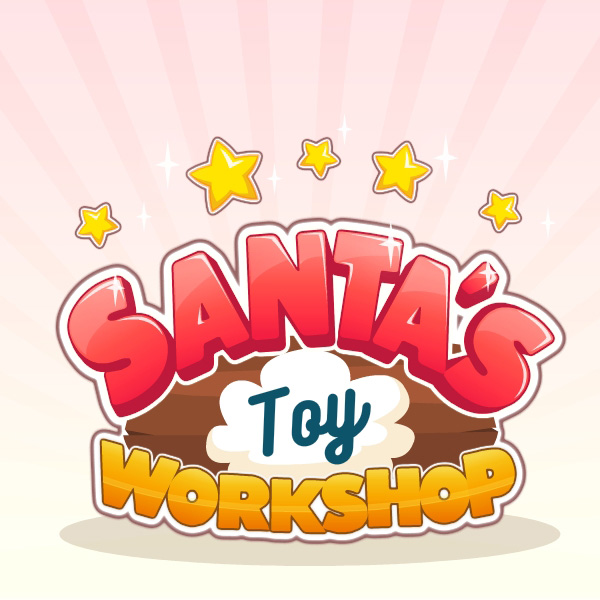 Illustrated Santa's Toy Workshop game logo with colorful lettering and stars