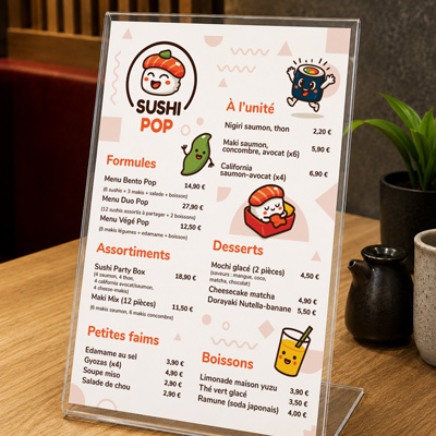 Identité visuelle Sushi Pop – menu de restaurant illustré
