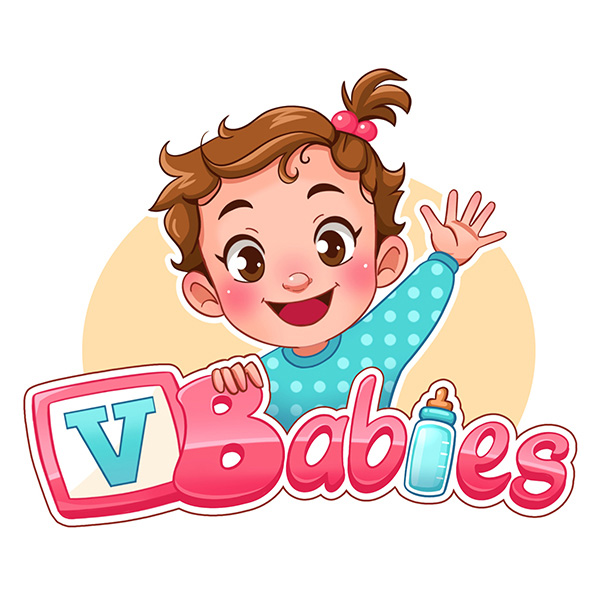 Illustrated VBabies logo featuring a child character and colorful graphic elements
