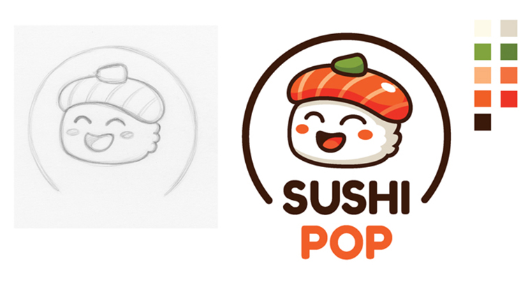 Identité visuelle Sushi Pop avec logo illustré, croquis et palette de couleurs