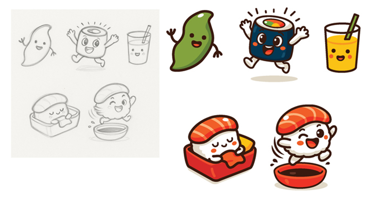 Mascottes illustrées Sushi Pop avec personnages sushi, edamame, maki et boisson