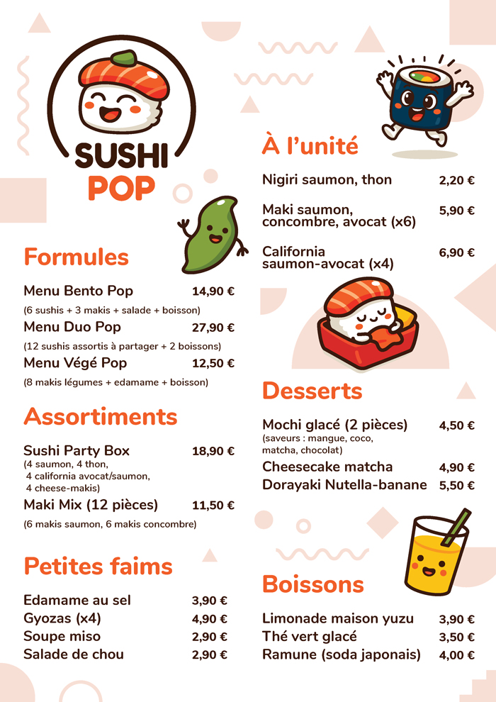 Design du menu Sushi Pop avec identité graphique et mascottes illustrées