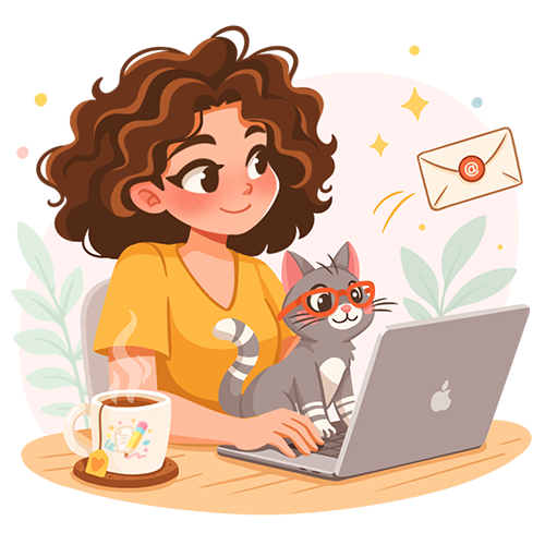 Illustratrice travaillant sur son ordinateur avec son chat
